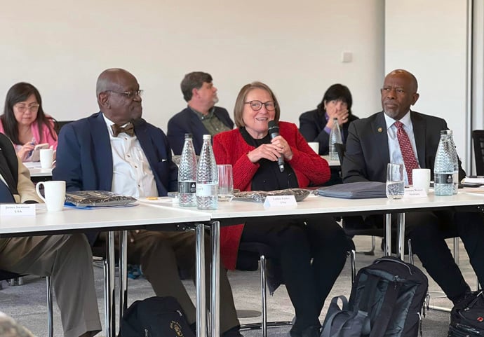 Bishop Rosemarie Wenner talks about the IAMSCU Partnership with the World Methodist Council at the 10th joint international conference of the International Association of Methodist Schools, Colleges and Universities, April 25-May, at the University of Roehampton, London, England. Wenner issued an invitation to the World Methodist Conference in Gothenburg, Sweden, Aug. 11-14, 2024. Photo by Kimberly Lord, the United Methodist Board of Higher Education and Ministry.