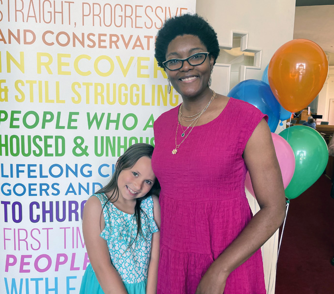 The Rev. Joy Bronson, one of three deacons including Hicks who work for free at The Commons of Glencliff, visits with friend Sydney during the launch of the mission church. Sydney is the great-granddaughter of a longtime member of 61st Avenue who migrated to Glencliff when 61st closed. Photo courtesy of Neelley Hicks.