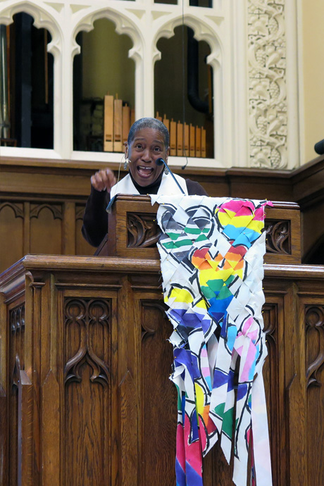 The Rev. Pamela Lightsey, an ordained elder in the Northern Illinois Conference and vice president for academic affairs at Meadville Lombard Theological School, delivered a rousing sermon titled “Convinced & Not Forsaken” on Oct. 14 during the Reconciling Ministries Network Convocation. Photo by Heather Hahn, United Methodist News.