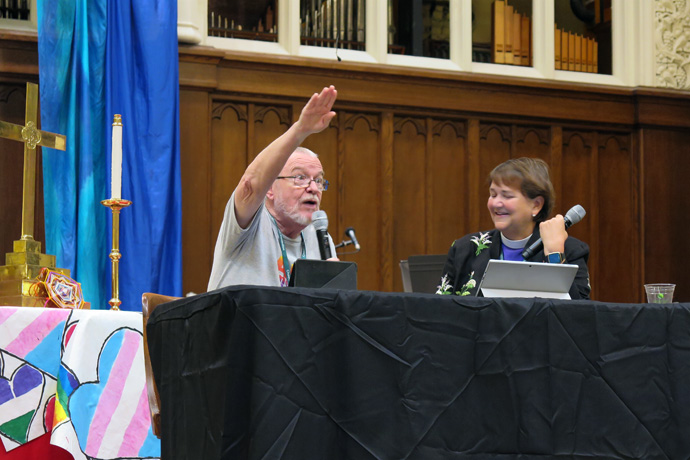 The Rev. Steve Harper, retired Asbury Theological Seminary professor, and Mountain Sky Conference Bishop Karen Oliveto, The United Methodist Church’s first openly gay bishop, co-lead a Bible study on Oct. 14 at the Reconciling Ministries Convocation. The gathering at First United Methodist Church in Charlotte, N.C., included studies of Scripture, worship, workshops and time to prepare for General Conference next year. Photo by Heather Hahn, UM News.