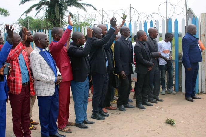 United Methodist pastors in Central Congo celebrate the election of Bishop Daniel O. Lunge as provincial president of the Church of Christ in Congo in Sankuru. The ecumenical group, a union of 95 Protestant and Evangelical Christian denominations in the Democratic Republic of Congo, met in Lodia. Photo by François Omanyondo, UM News.