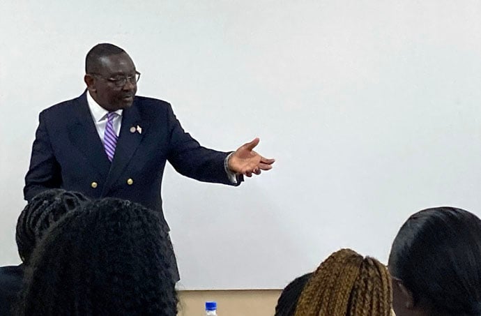 N. Oswald Tweh, Judicial Council president and a lawyer in Liberia, speaks to students at Africa University’s law school about the role of The United Methodist Church’s top court. The Judicial Council, which includes United Methodists from around the globe, met Oct. 27-Nov. 1 on the campus of the pan-African United Methodist university in Mutare, Zimbabwe. The fall 2023 session marked the church court’s first meeting on the continent of Africa. Photo by Heather Hahn, UM News.