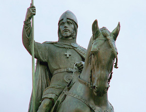 Sculptor Josef Václav Myslbek created a memorial to St. Wenceslas in Wenceslas Square in Prague. It was first unveiled in 1913, but not completed until 1924, two years after the sculptor’s death. The mounted saint is accompanied by other Czech patron saints carved into the statue’s ornate base, including St. Ludmila, Wenceslas’ grandmother. Photo by Ales Tosovsky, courtesy of Wikimedia Commons