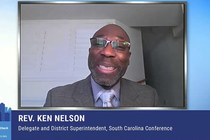 The Rev. Ken Nelson, a veteran General Conference delegate from the South Carolina Conference, urged fellow delegates to take time to rest and pray during their deliberations. He also reminded them that God is present among them. Screengrab courtesy of United Methodist Communications via Zoom by UM News.